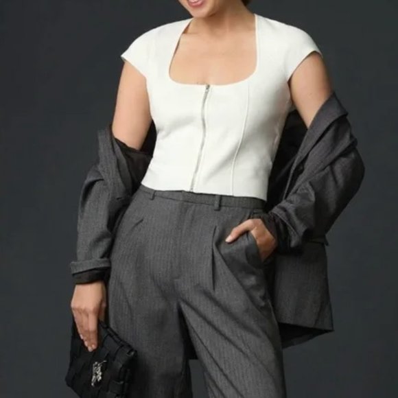 NWT Anthropologie White Zip Front Short Cap Sleeve Sweater Scoop Neck Women's‎ M - Picture 2 of 15